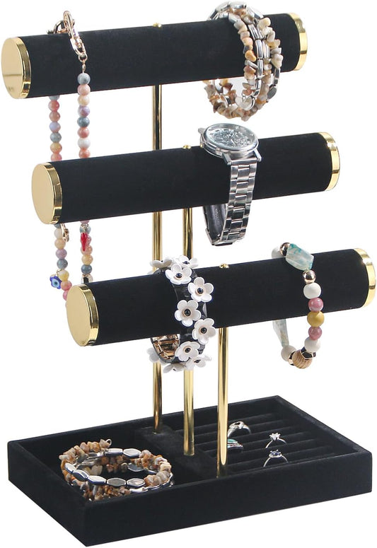 Bracelet Holder, 3 Tier Bracelet Display Holder, Detachable Velvet Jewelry Holder Organizer for Necklace, Watches, Bangle, Scrunchie (Black，3 Tier)