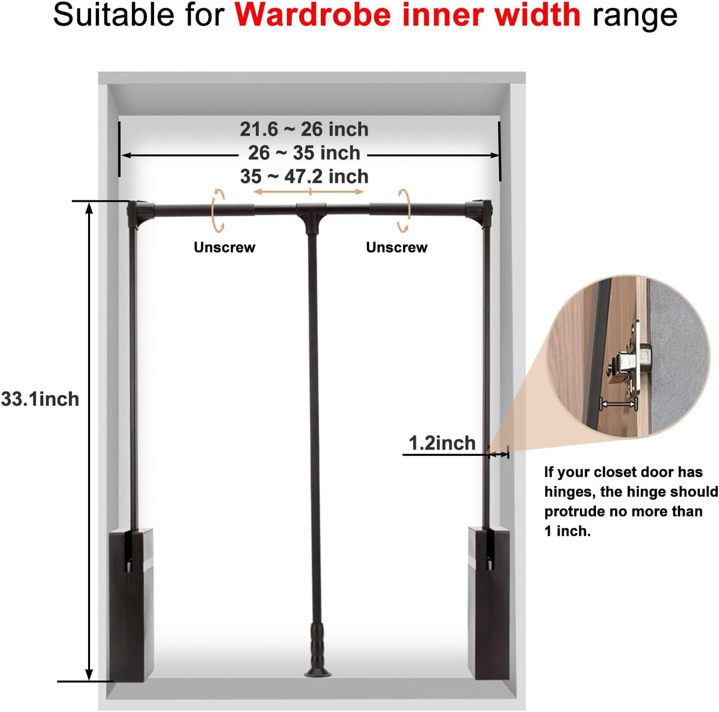 Pull Down Closet Rod for Hanging Clothes, Retractable Wardrobe Hanger for Cabinet Inside Width 26"~35", Aluminium alloy Tubing with Plastic Housing, 44 lb Weight Rating