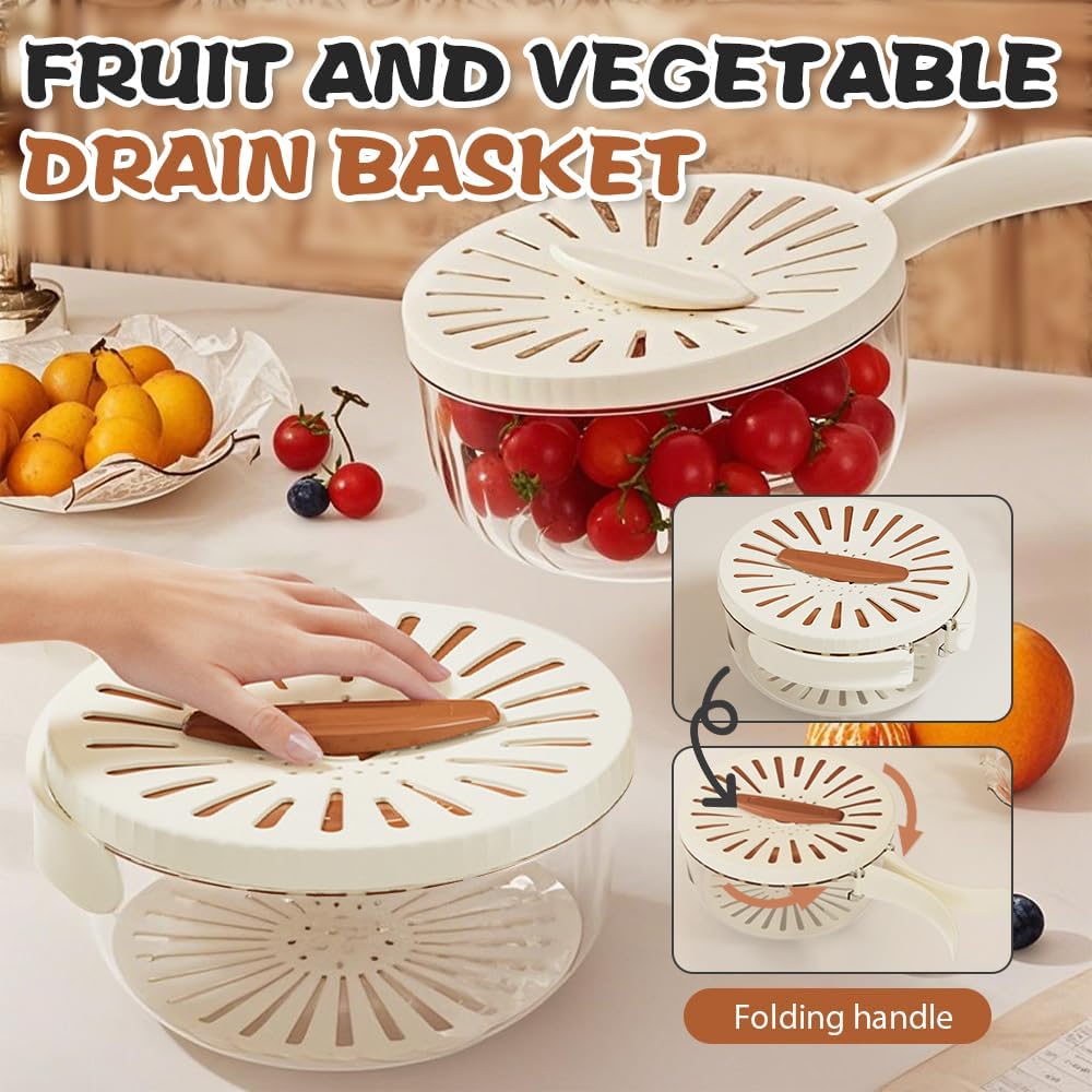 Multi-Functional Fruit and Vegetable Washing Bowl, Fruit Strainer Container with Lid, 2 In 1 Sealed Drainer Basket, Drainer and Freshness Basket, Kitchen Tool with Foldable Handle (Brown)