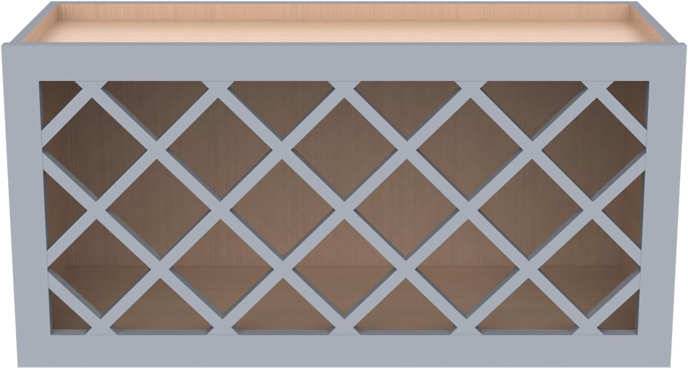 Solid Wood RTA Wine Bottle Rack Wall Cabinet with Lattice Panels Wine Holder Wine Storage Cabinet for Bar, Pantry, Wine Cellar Basement Countertop Mocha (Gray, 30”W × 12”D × 15”H), Sk-grey