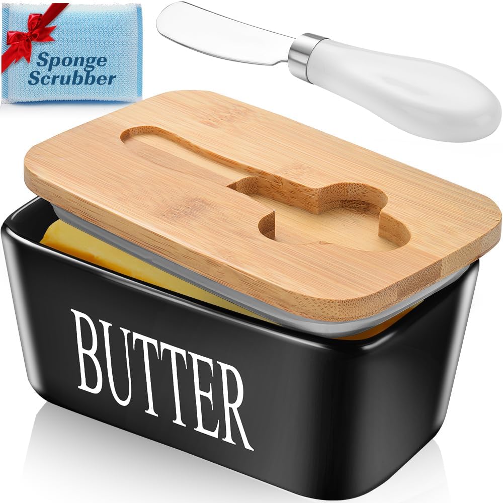 Butter Dish with Lid: Large Butter Container for Countertop - Ceramic Butter Holder for Counter - Butter Tray Butter Keeper with Knife and Sponge Scrubber - Perfect for 2 Sticks of Butter Black
