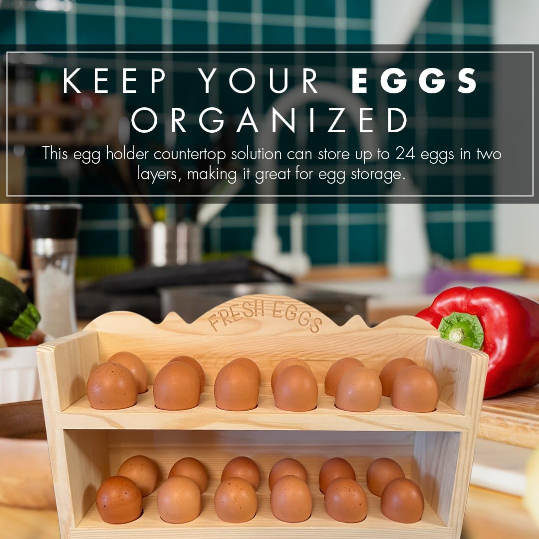 Natural Wood Premium Pine Wooden Egg Holder 2-Tier Durable 24-Egg Storage Solution Ideal for Modern and Rustic Kitchen Fresh Eggs