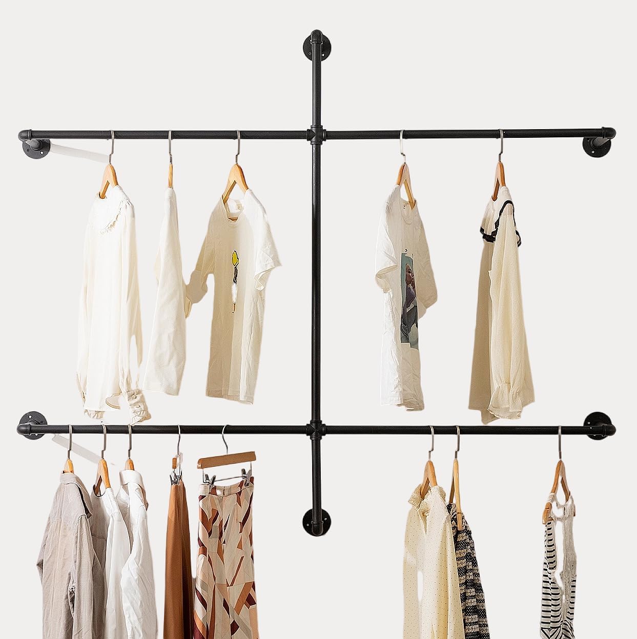 Industrial Pipe Clothing Rack - Wall Mounted Garment Rack as Walk-in Closet System. Sturdy Open Wardrobe for Hanging Clothes - Heavy Duty Clothes Rack with Four Hanging Rods for Home