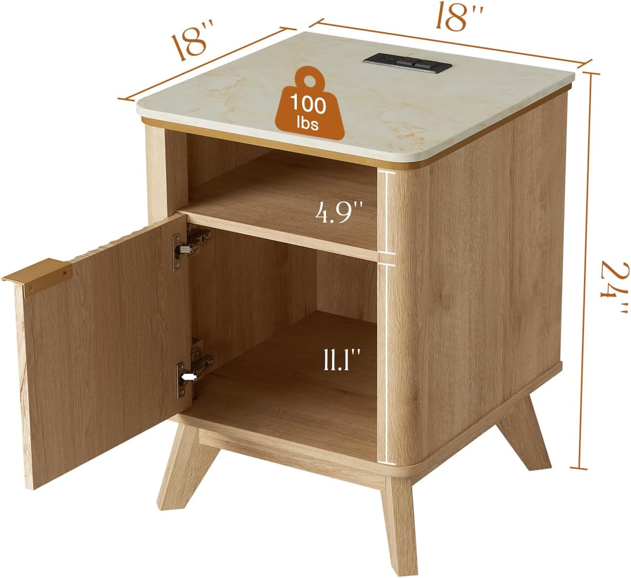 QUW Fluted Nightstands with Charging Station, 18" Modern Side Table, Wooden Bedside Table with Faux Marble Top, Open Storage, Cabinet, End Table for Bedroom, Living Room, Natural Oak
