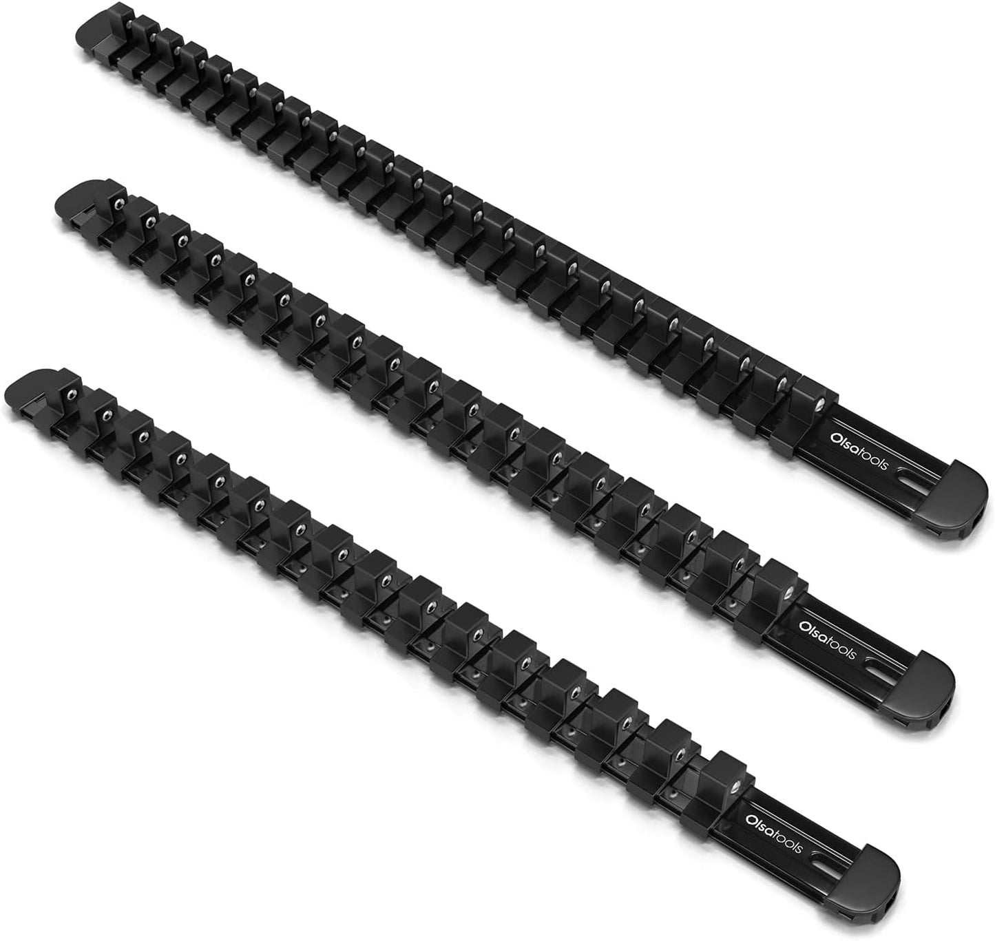 Olsa Tools Aluminum Socket Organizer, 3pc Set - Locking End Caps - 1/4-Inch Drive x 24 Clips, 3/8-Inch Drive x 18 Clips, 1/2-Inch Drive x 16 Clips - Professional Grade - Black - Part: 1181