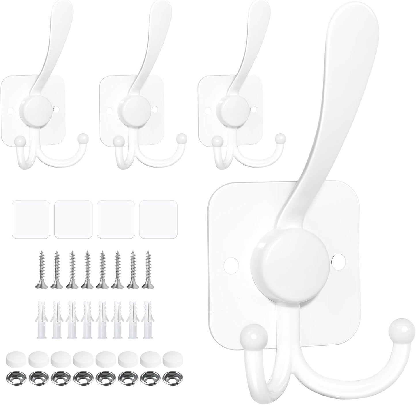 VIS'V 3 Prong Coat Hooks Wall Mount, Metal Self Adhesive Entryway Wall Hooks, 2 Mount Options, White, 4 Pcs