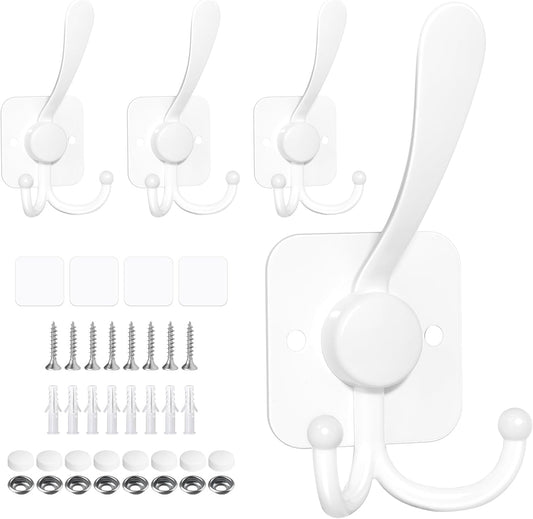 VIS'V 3 Prong Coat Hooks Wall Mount, Metal Self Adhesive Entryway Wall Hooks, 2 Mount Options, White, 4 Pcs