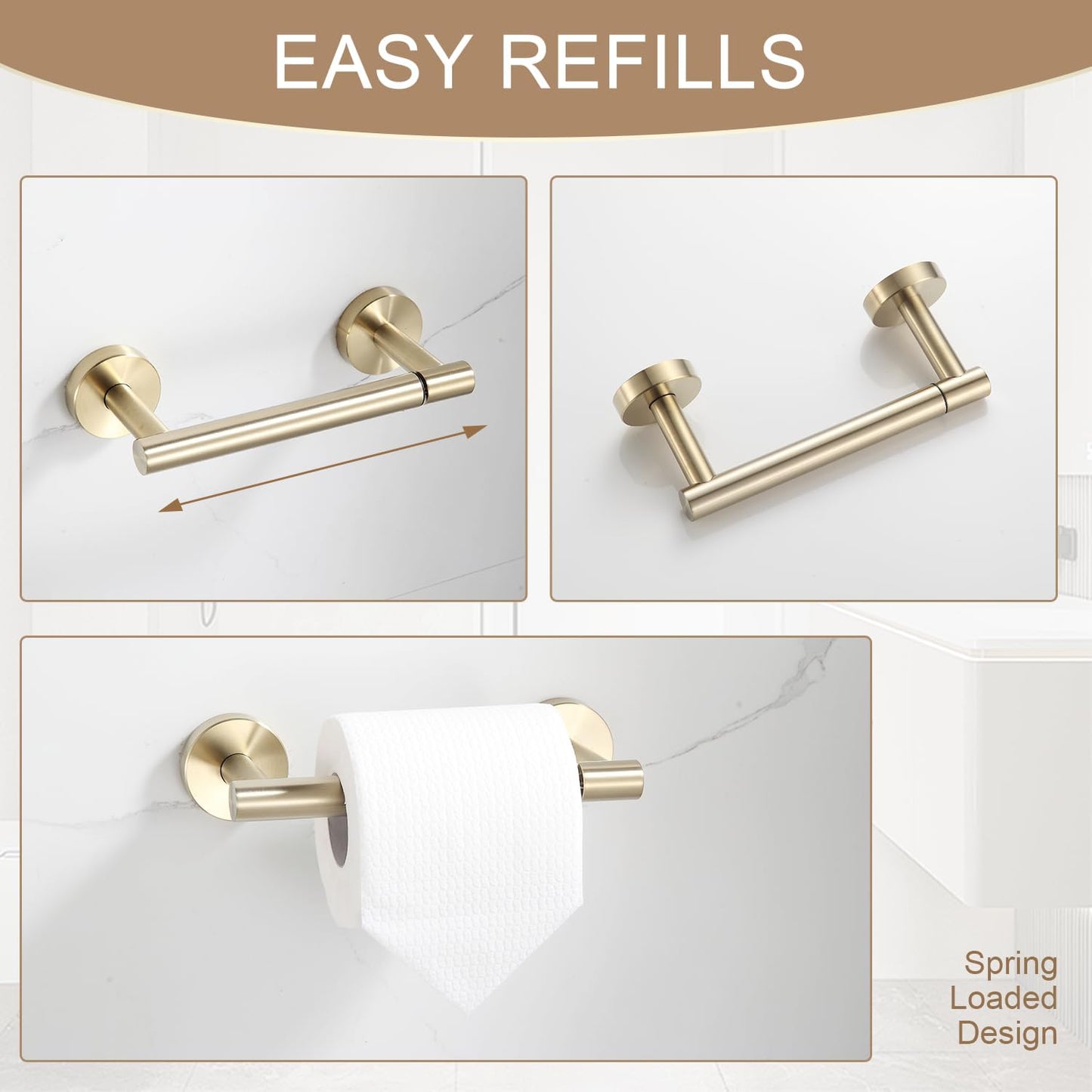 BGL Toilet Paper Holder Brushed Gold Wall Mount, Bathroom Toilet Paper Holder Brushed Nickel SUS 304 Stainless Steel, Double Post Pivoting Toilet Paper Roll Holder for Bathroom RV