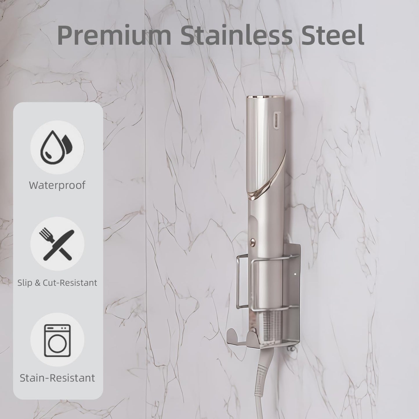 Curling Iron Holder, Stainless Steel Flat Iron Holder Wall Mount, Hair Straightener Holder for Bathroom Storage, Flat Iron Holder Wall Mount Space Saving Hair Tool Organizer Silver BANJEKT