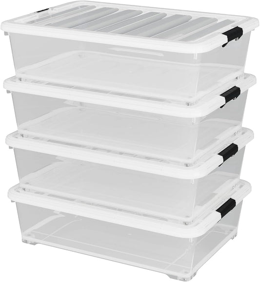 50 Quart Plastic Under Bed Storage Container, 4-Pack Large Clear Latching Storage Box with Wheels