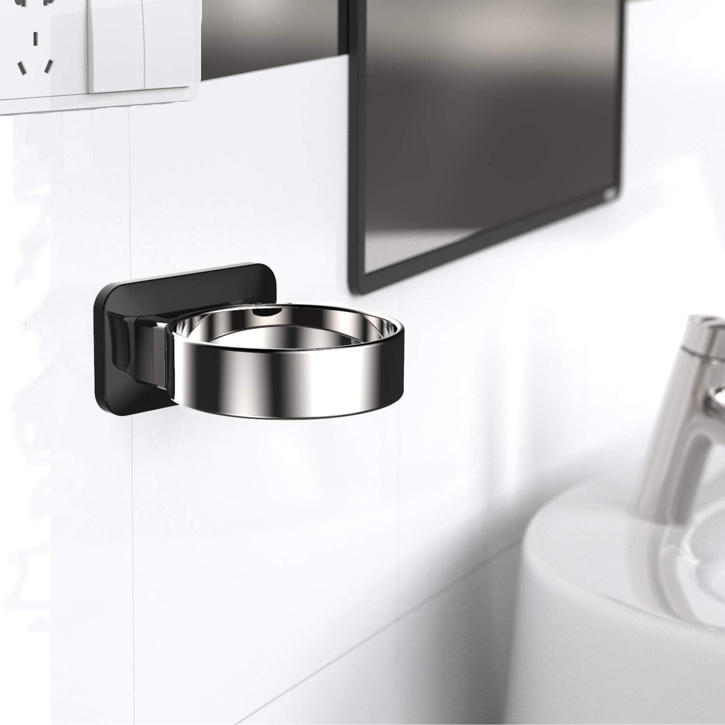 Hair Dryer Holder, Bathroom Cabinet Door Blow Dryer Stand, Blow Dryer Holders Wall Mount - Extra Large Rim (Silver + Black)
