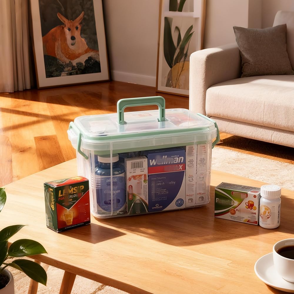 DOUKE 15qt Clear Medicine Organizer Storage Box with Handle, Plastic Empty First Aid Box with Tray, Multipurpose Medical Storage Container, Medication Organizer Chest for Home, Baby, Elderly, Dorm