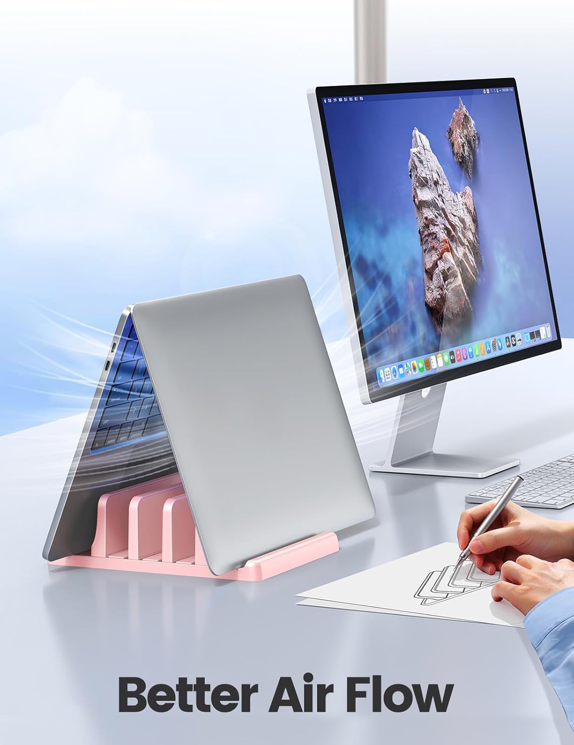 Vaydeer 3-Slot Vertical Laptop Stand Made of Premium ABS Plastics 5 in 1 Design Space-Saving Adjustable Desk Organizer for All MacBook/Chromebook/Surface (Pink)