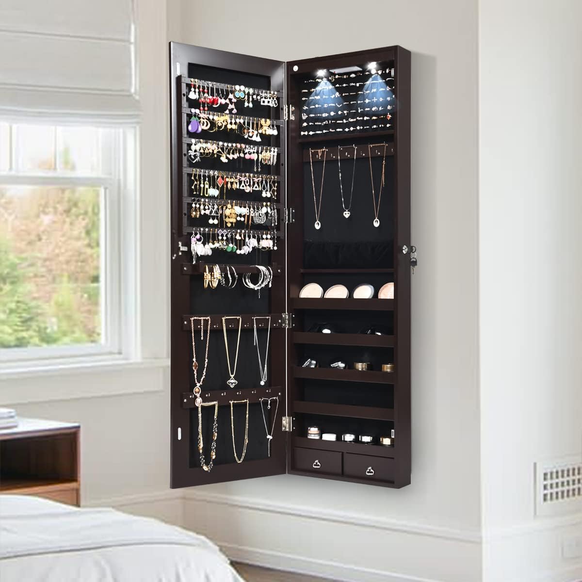 Giantex Wall Door Mounted Jewelry Armoire Cabinet with 47.5" H Full Length Mirror, 2 LEDs Lockable Jewelry Organizer Box with Bracelet Rod, 2 Drawers, Large Storage Capacity (Espresso)
