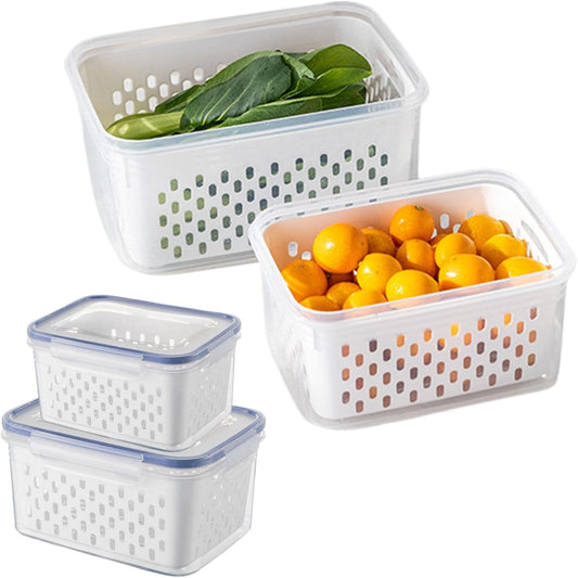 iayokocc 2 Pack Fruit Storage Containers for Fridge, Stackable Food Storage Containers with Removable Colander, Refrigerator Organizer with Drain Baskets Lids- Keeping Food Fresh Longer