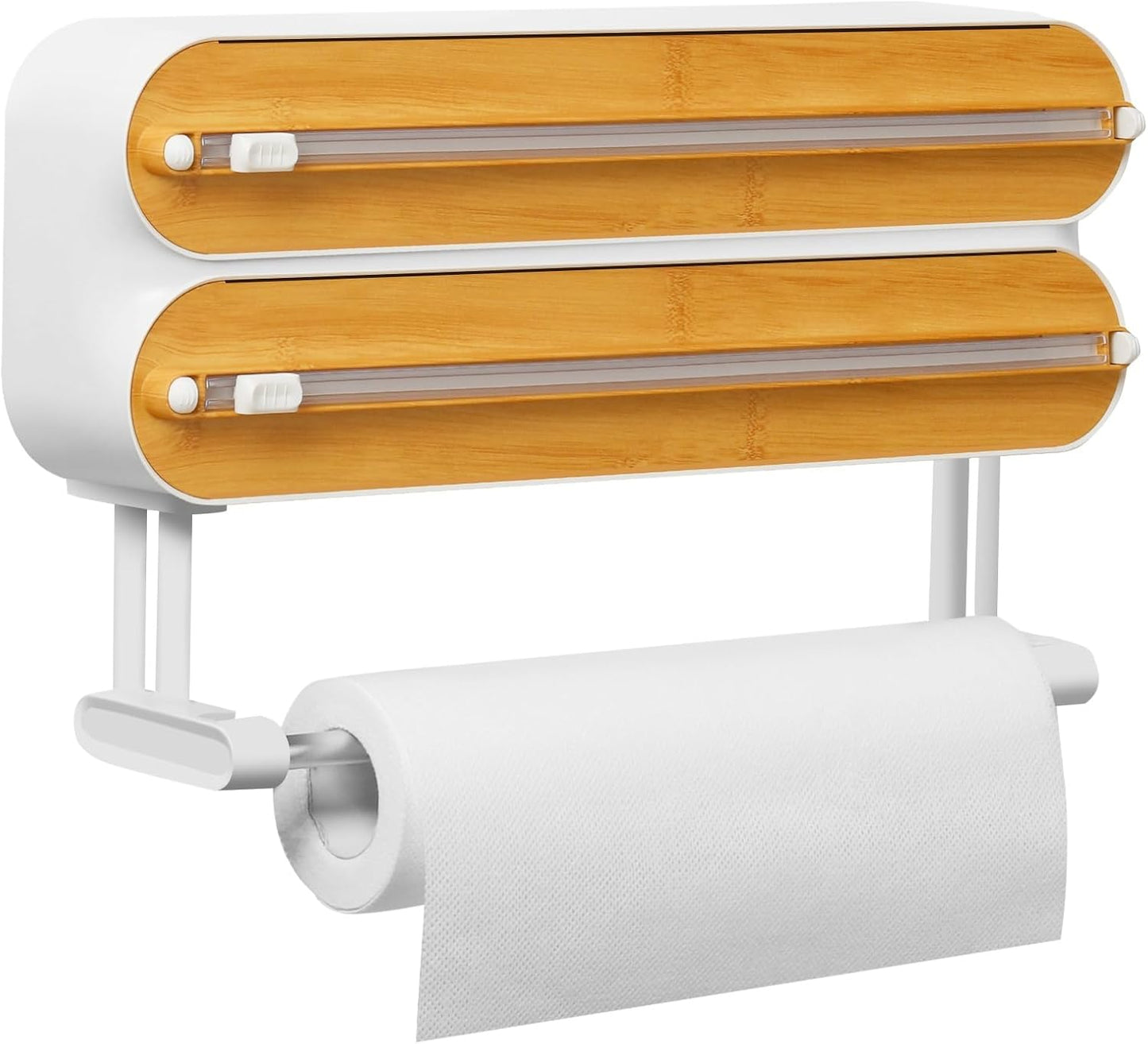 Magnetic Plastic Wrap Dispenser with Cutter - Quasziwa Refillable Tin Foil and Plastic Wrap Organizer for Kitchen, Aluminum Foil Dispenser with Paper Towel Holder Wall Mount - Fits 12" Roll, White