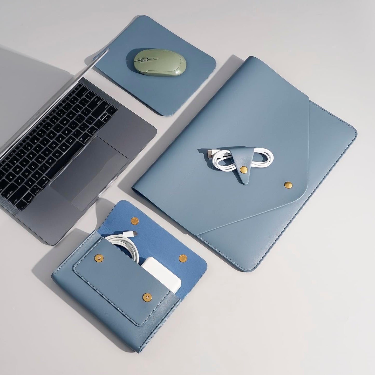 PU Leather Laptop Sleeve 13 Inch Compatible with 2024 13inch MacBook Air M3,13 MacBook Pro M2, Surface Pro 3 4 5 6 7, Dell XPS 13 with Small Pouch, Mouse Pad and Cord Organizer Color Blue