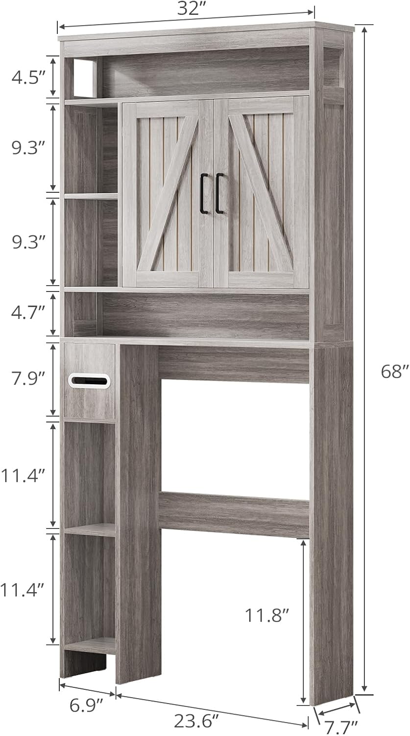Over The Toilet Storage Cabinet with 6 Shelves, Farmhouse Bathroom Storage Cabinet with 2 Barn Door & Toilet Paper Holder Stand, Toilet Shelf with Adjustable Shelf for Bathroom Laundry