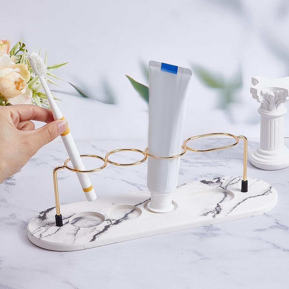 AHANDMAKER Toothbrush Holder 4 Slots Toothbrush Holder Bathroom Marble Pattern Toothpaste Razor Storage Makeup Brush Display Rack for Bathroom Toothpaste Organizers, Gold Marble White