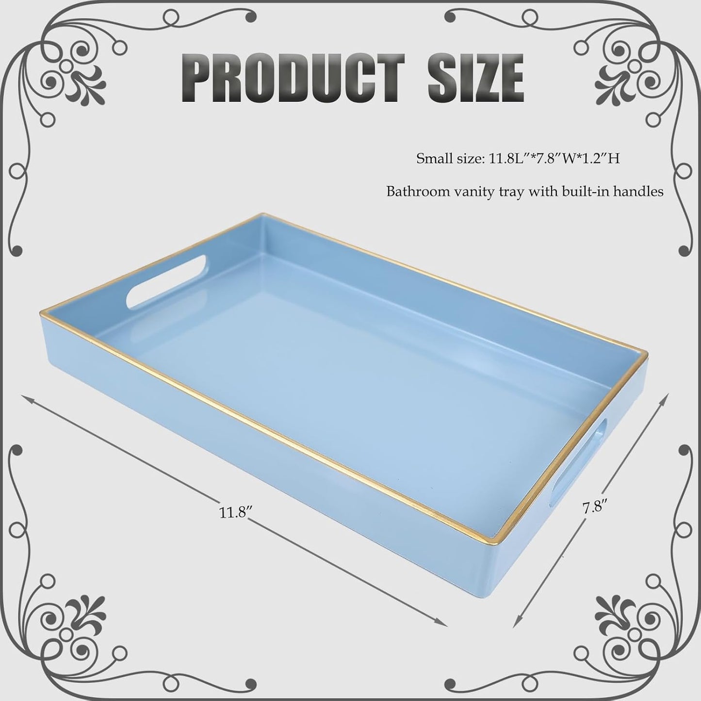 Spsyrine Blue Bathroom Vanity Tray with Handles for Dresser Tops, Countertop, Perfume Decorative Tray, 11.8” * 7.87” *1.37”