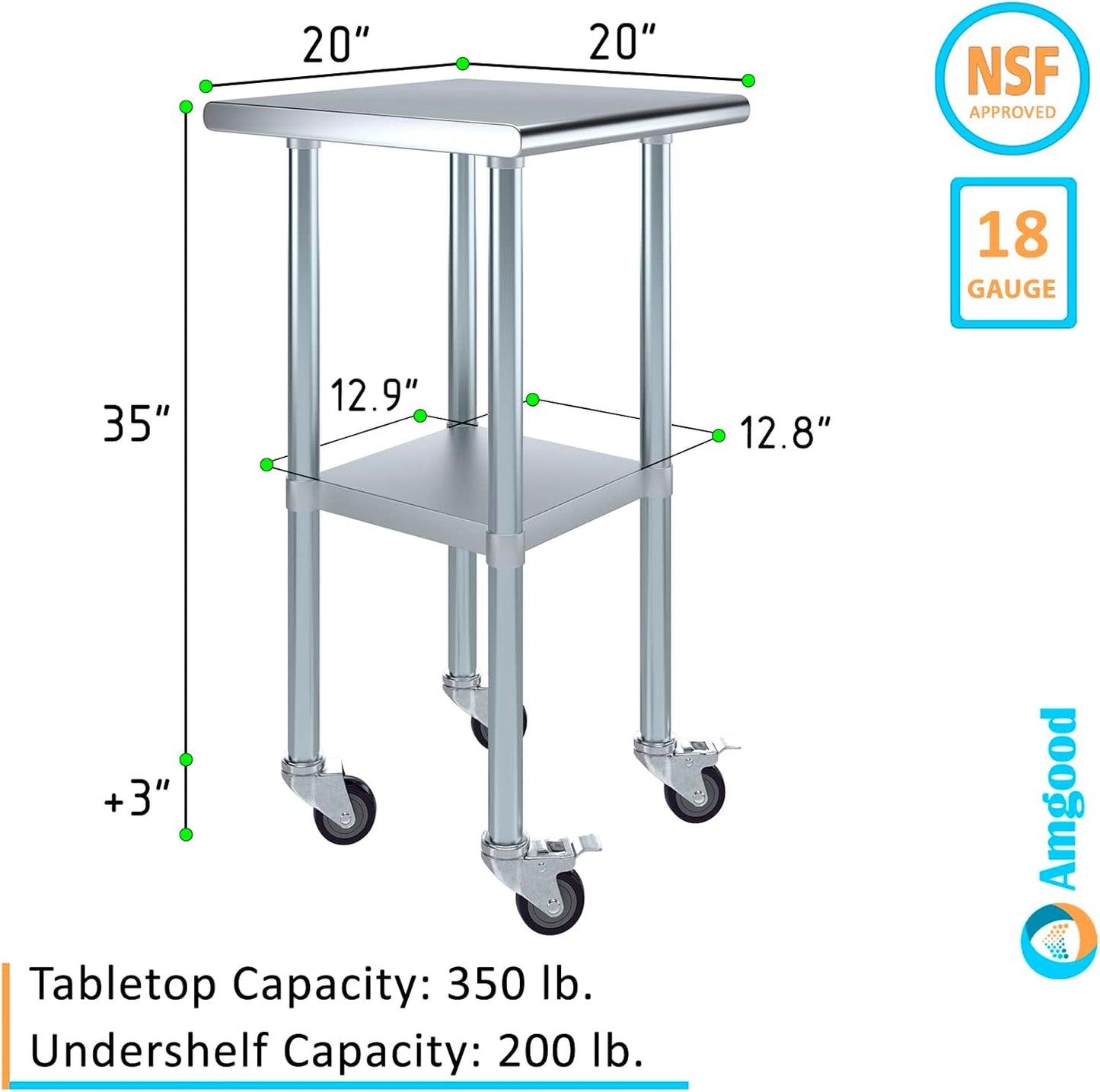 AmGood 20" Long x 20" Deep Stainless Steel Table with Casters
