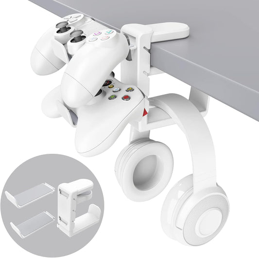 3-in-1 PC Gaming Headset&Controller Holder - EURPMASK Headphone Stand w/Adjustable Clamp&2 Controller Holder&Rotating Arm&Cable Organizer, Universal PC Gaming Accessory Controller Headset Stand-White