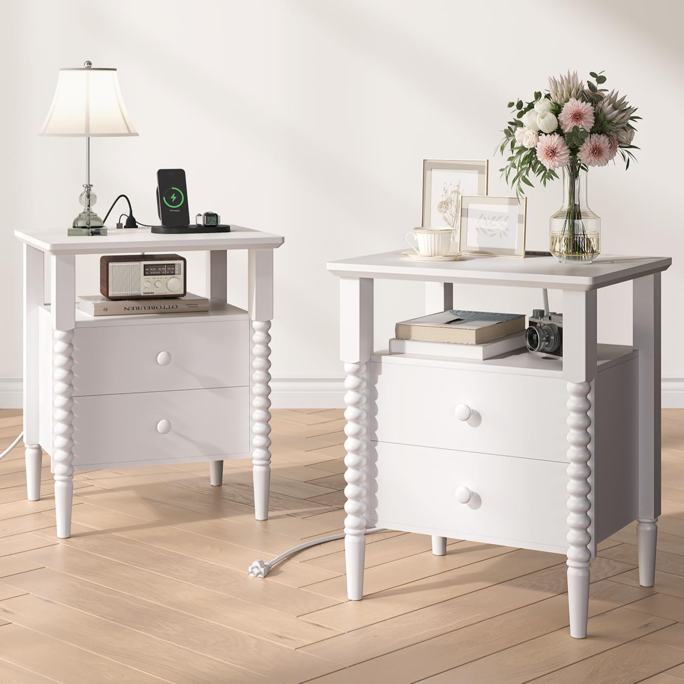 White Night Stand Set 2, Vintage Nightstand with Charging Station, Modern Bedside Table with 2 Drawers, End Table with Solid Wood Legs, Bed Side Tables for Bedroom, White