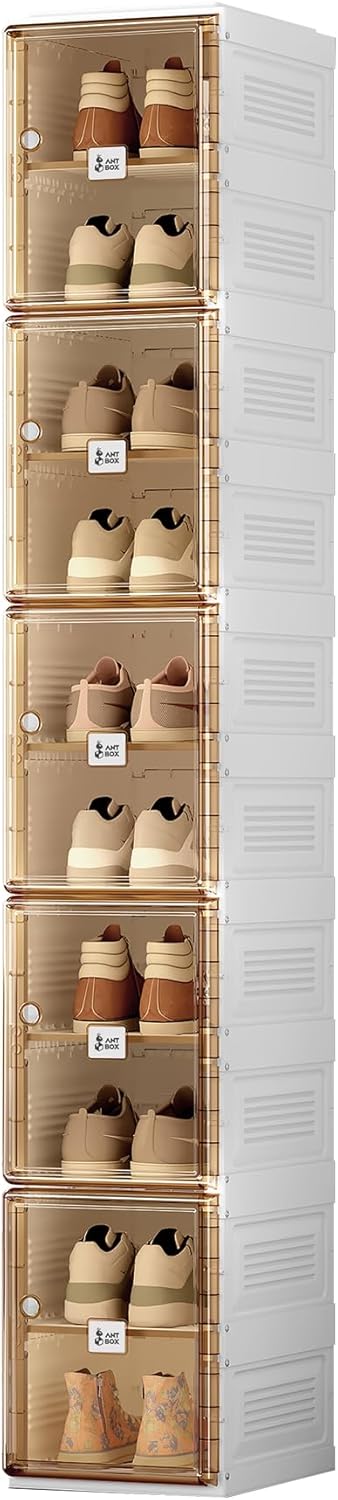 ANTBOX Shoe Organizer Storage Box, Portable Folding Shoe Rack For Closet With Magnetic Clear Door,Large Sneaker Cabinet Bins Sturdy Easy Assembly 10 Layers-10 Grids