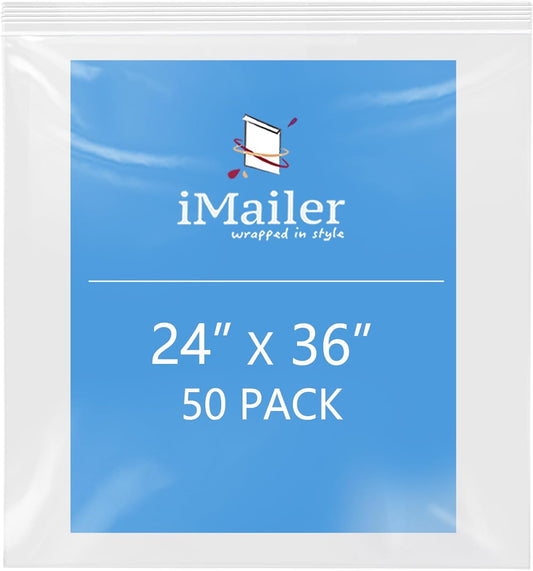 iMailer- 24" x 36" 50 Pack- 2 Mil Resealable Zip Bags- Clear Plastic Bags with Zip Top Lock for Storage, Organizing, Crafts, Travel