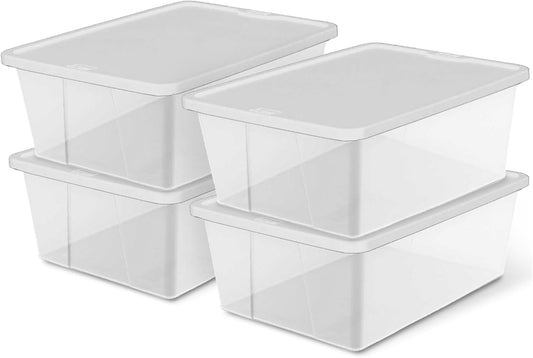 HOMZ 4-Pack Snaplock, Small Clear Plastic Storage Organizer Bins w/Lids, 12 Quart, White - Stackable Container Boxes for Bedroom, Bathroom, Garage, and Office Organization