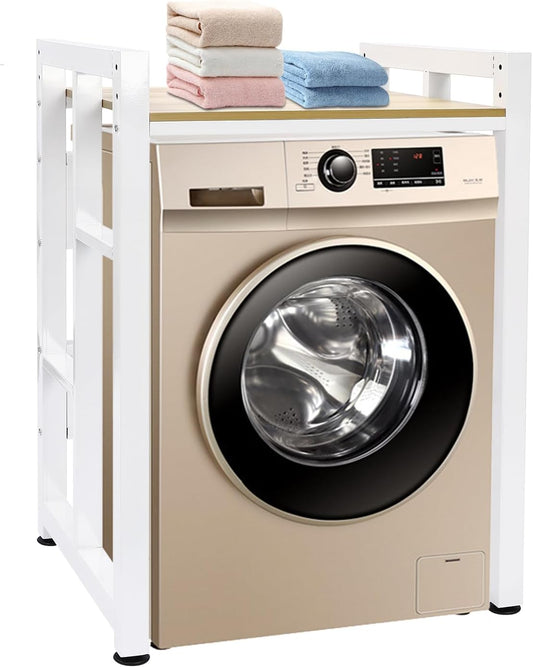 Washer Dryer Stacking Rack Stand, Heavy Duty Washer&Dryer Storage Shelves, Space Saver Stackable Storage Shelf for Laundry Room Apartments Bedrooms (White, Light Walnut)