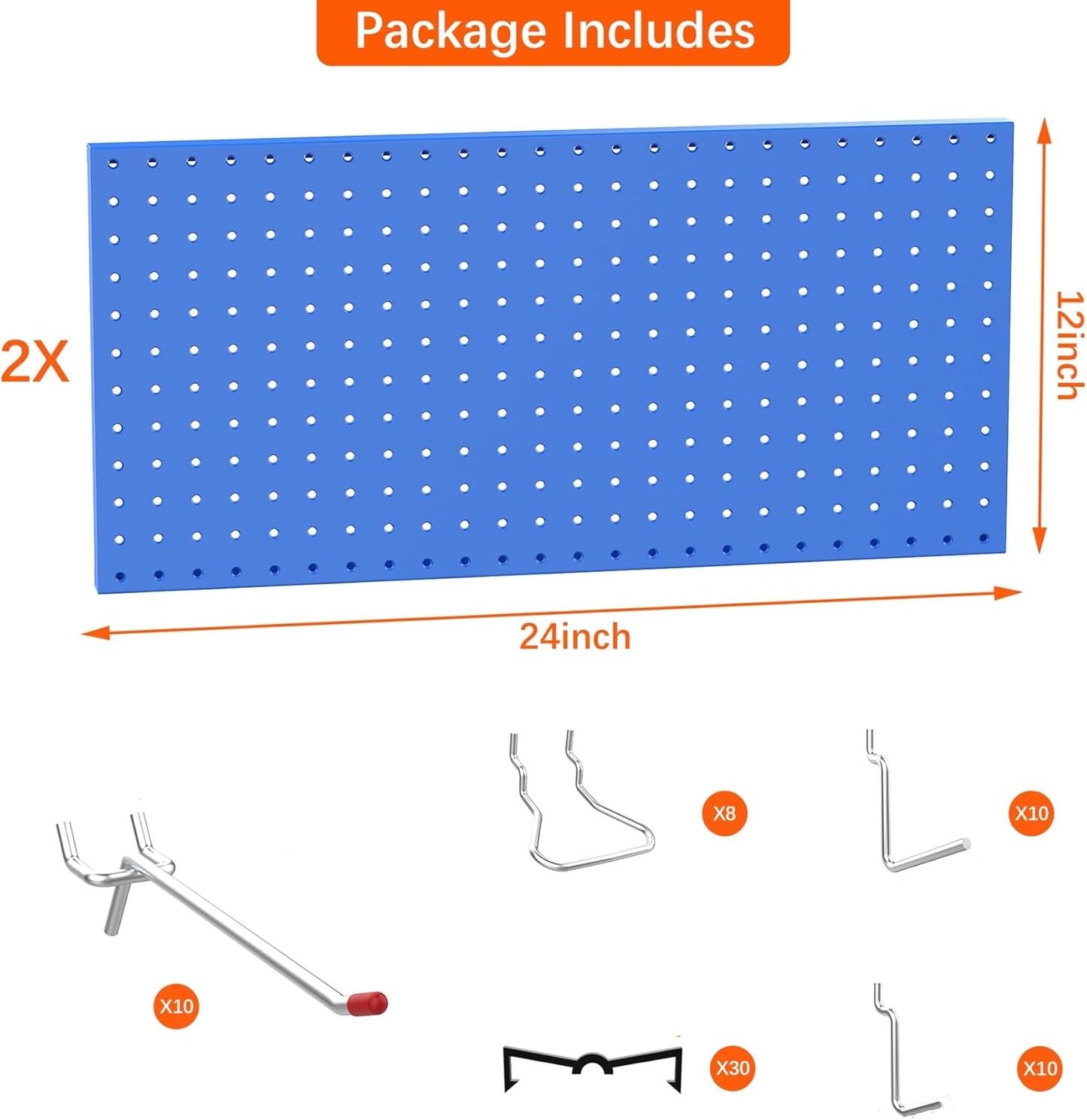 TORACK Metal Pegboard Wall Organizer 24" x 24" or 12" x 48", 70 PCS Tools Storage Pegboard for Garage Tool Organizer Pegboard with Peg Board Hooks for Workbench(Blue)