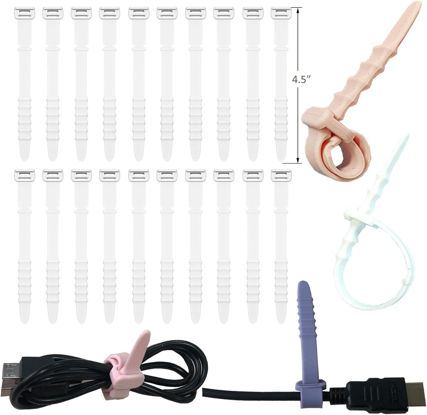 Silicone Zip Ties, Reusable Zip Ties, 20pcs Rubber Cable Ties Straps for Wire Management, Elastic Cable Organizer for Home Office Table Desk. White 4.5” Cord Ties (20 Pcs White)