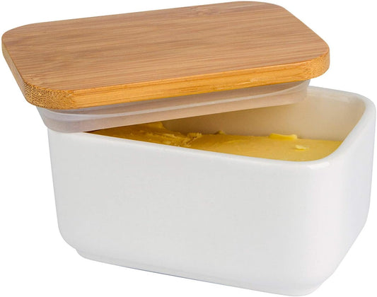 Porcelain Butter Dish with Lid,Ceramic Butter Dish with Bamboo Lip,Butter Keeper Container with Cover for Countertop or Refrigerator,Heat Resistant Kitchen Butter Storage Dish,White (300ml)