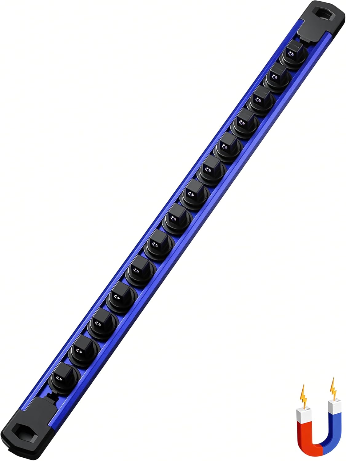 ALOANES 3/8-Inch Drive Magnetic Socket Organizer, Heavy Duty Aluminum Socket Rail Organizer, 360° Swivel Clips Socket Holder Kit for Tool Box, 3/8-Inch Socket Holder x 14 Clips (Blue)