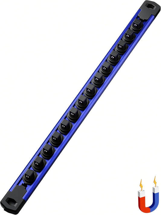 ALOANES 3/8-Inch Drive Magnetic Socket Organizer, Heavy Duty Aluminum Socket Rail Organizer, 360° Swivel Clips Socket Holder Kit for Tool Box, 3/8-Inch Socket Holder x 14 Clips (Blue)