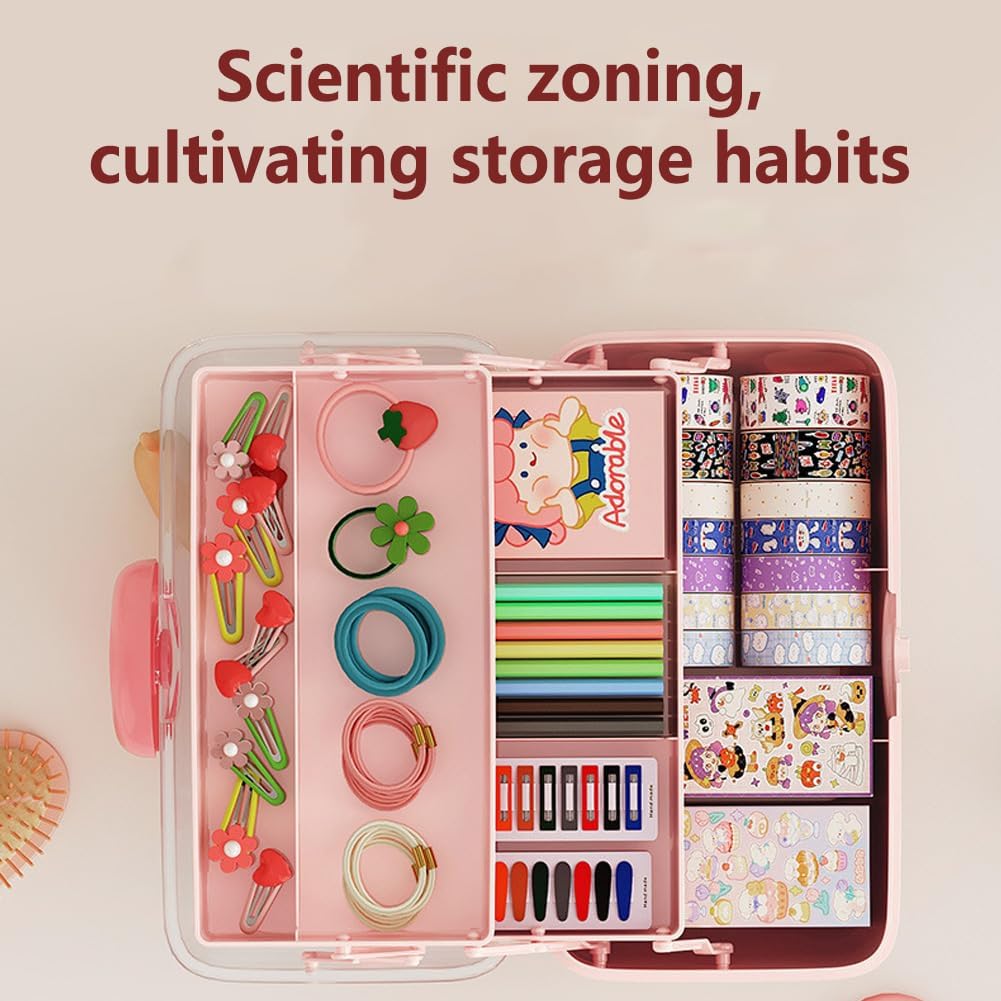 Cute Hair Accessories Organizer 3-Layers Kids Jewelry Storage Box Plastic Hair Accessories holder for Girls (Pink-Rabbit)