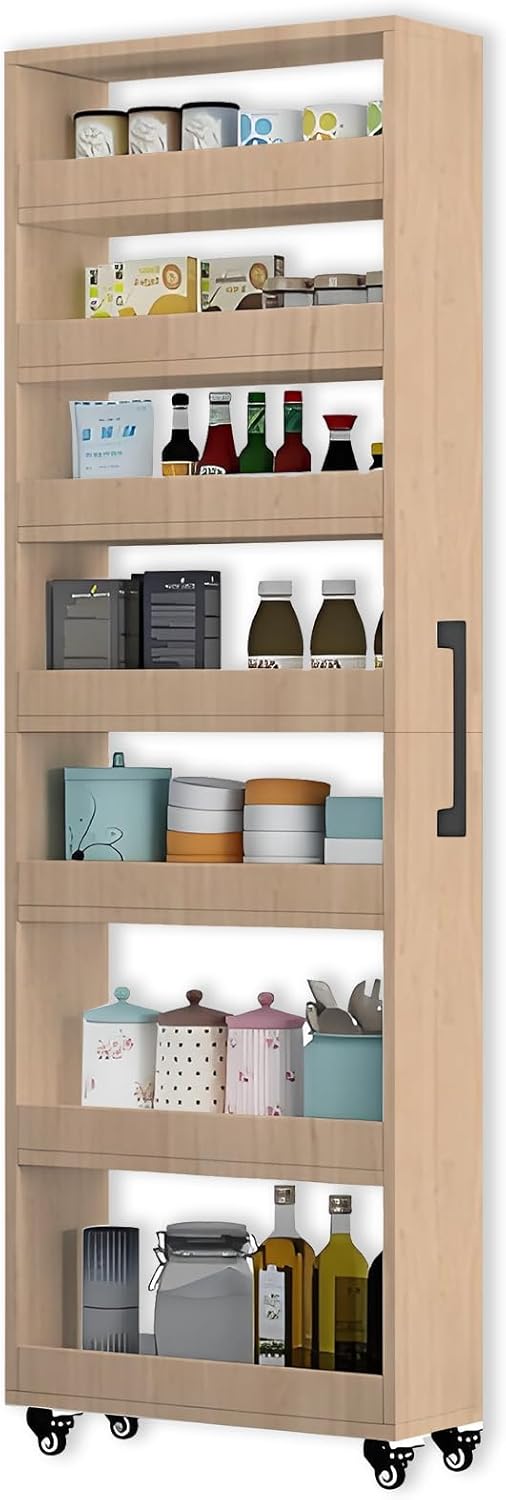 7-Tier Slim Storage Cart, Wooden Rolling Pantry Cabinet with Wheels, Narrow Shelf Organizer for Kitchen, Bakers Rack, Dining Room, Closet, Small Spaces Light Walnut 73.2''H*9.8''W*19.6''D