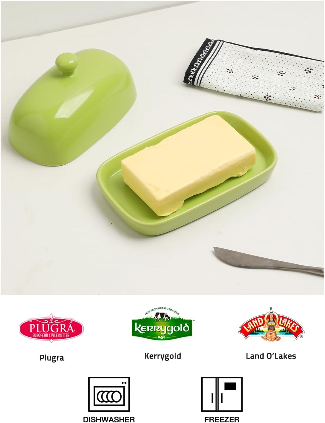 Sweejar Ceramic Butter Dish with Lid for Countertop,Porcelain Butter Keeper with Knob Handle,Butter Container for East/West Coast Butter, 7.1*3.7 inches (Green)