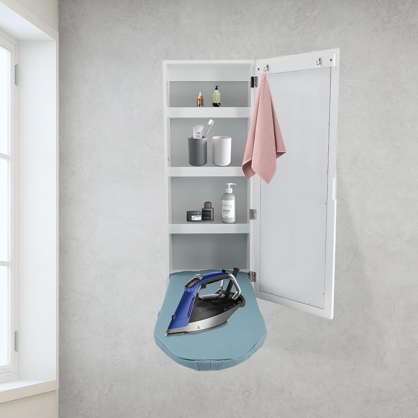 Wall Mounted Ironing Board Cabinet, Built-in Foldable Ironing Board, Wall Ironing Boards with Mirror and 2 Hooks for Home, Apartment & Small Spaces