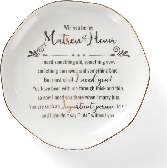 HOME SMILE Matron Of Honor Ring Dish - Will You Be My Matron Of Honor - Jewelry Trinket Dish Tray, Bridesmaid & Bridal Shower Gifts - Proposal Gift For Bestie, White Ceramic
