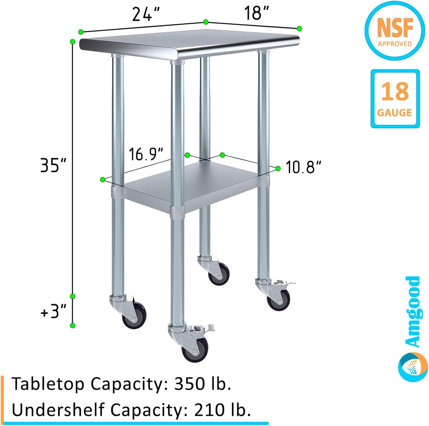 AmGood 24" Long x 18" Deep Stainless Steel Table with Casters