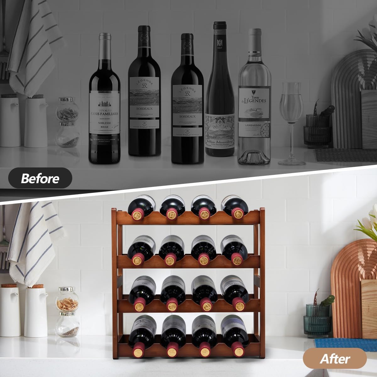 Bamboo Wine Rack,4 Tier, Wine Bottle Holder, Hold 16 Bottles for Home Kitchen, Dinging Room, Pantry, Cabinet, Bar