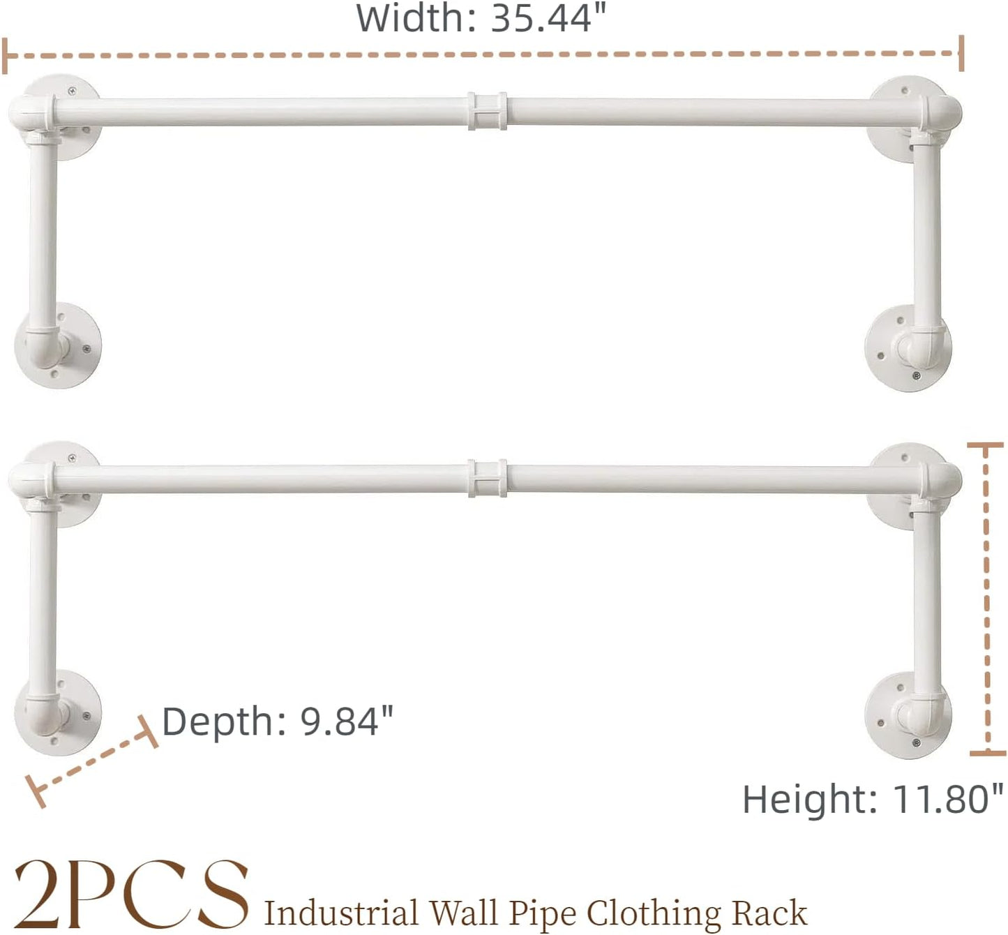 Clothes Racks, Industrial Pipe Clothing Racks for Hanging Clothes, Wall Mounted Heavy Duty Space Saving Garment Racks, Multi-Purpose Clothing Hanging Rods for Closet Storage, White, 2Pcs