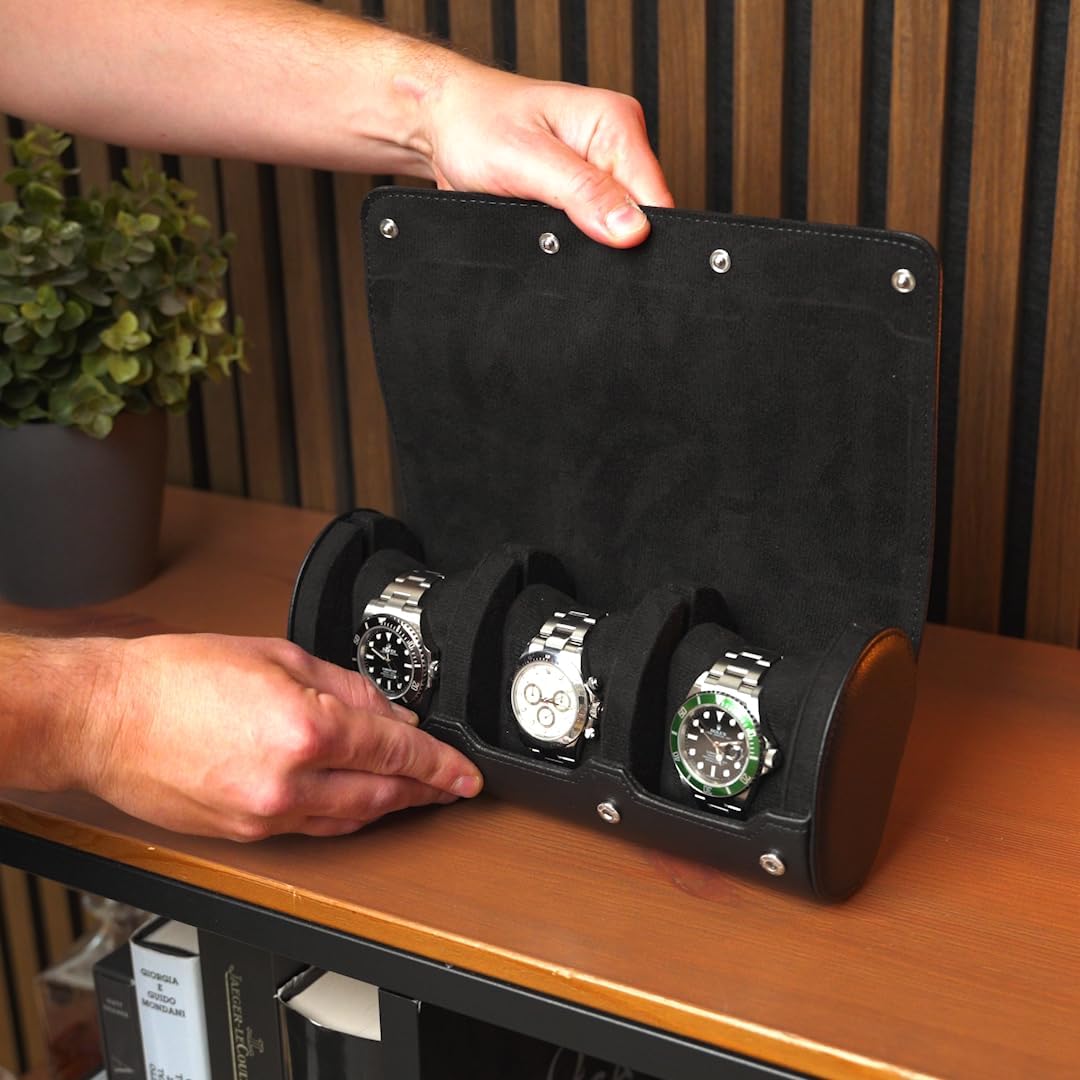 DailyWatch | Personalized Watch Roll Travel Case For 3 Watches - Handmade Genuine Leather Travel Case With Custom Engraving of Name or Initials - All Black