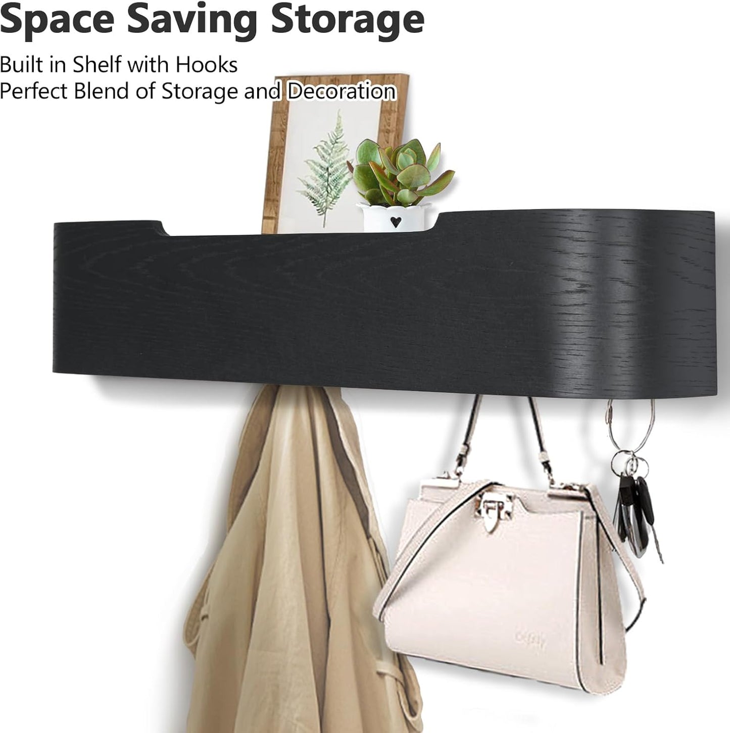 Coat Rack Wall Mount with Hidden Hooks Modern Key Holder Wood Entryway Hook with Shelf for Bedroom Kitchen Hallway Bathroom Designed for Hanging Coats Hats Bags Towels Dog Leashe(Black,5 Hooks)