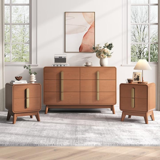 Mid Century Modern Bedroom Set, 6 Drawer Dresser and Nightstand Sets for Bedroom, Night Stand Set 2 & 6 Drawer Dresser with Gold Handles, Wood Chest of Drawers Storage Cabinet Set, Cherry