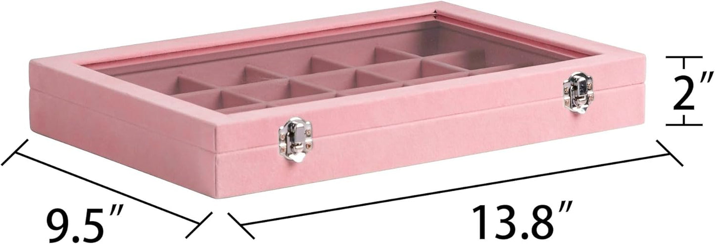 Frebeauty Velvet Jewelry Tray,24 Grid Jewelry Organizer with Clear Lid,Earring Holder Organizer with Clasp,Drawer Insert Rings Pendants Brooches,13.8 x 9.5 x 2 Inches,Gift for Women(Pink)