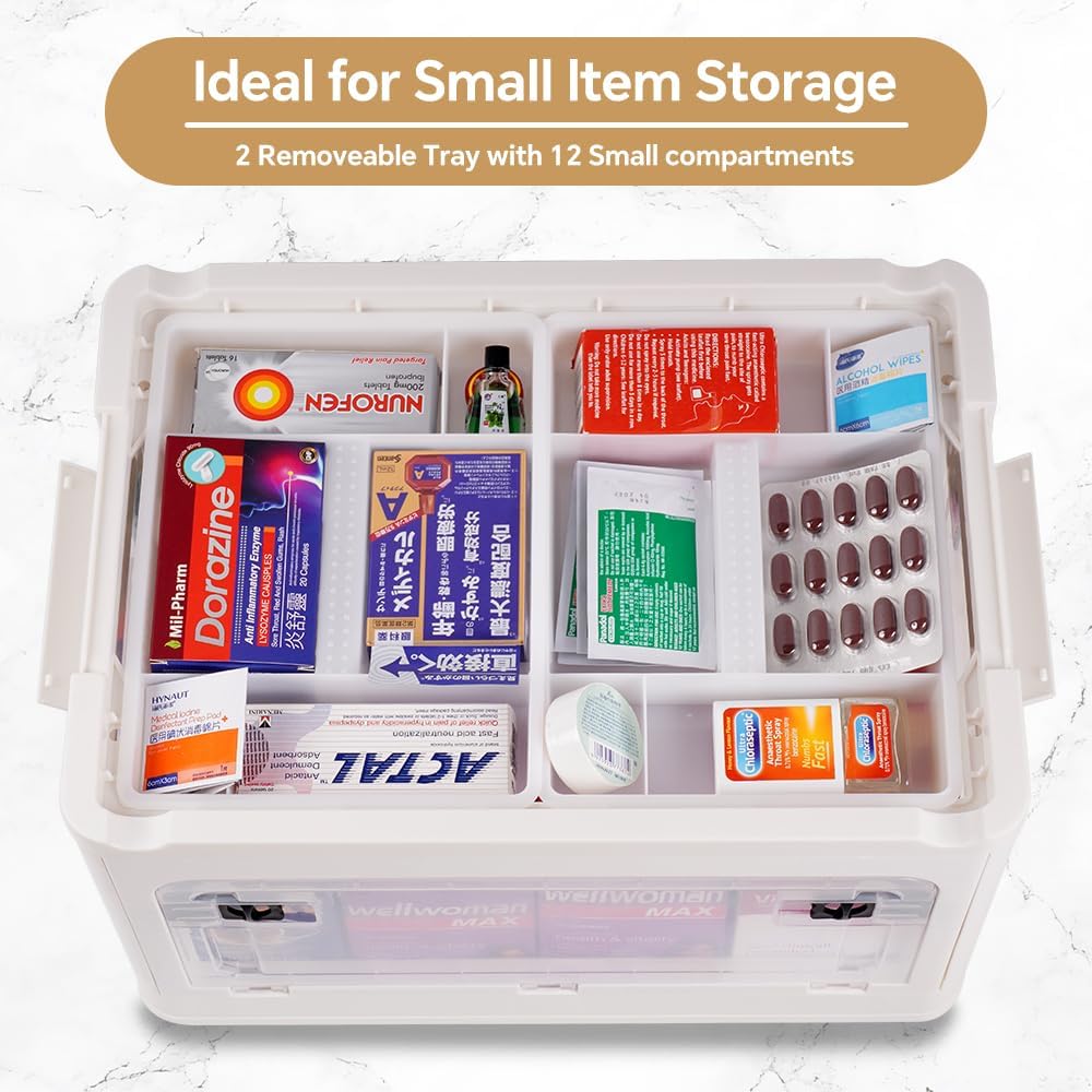 DOUKE 30qt Medicine Organizer Storage Box – Plastic First Aid Box Empty with Lid, Stackable Medical Container with Handle & Wheels, Sturdy BPA-Free Case with Tray for Medication & Supplies