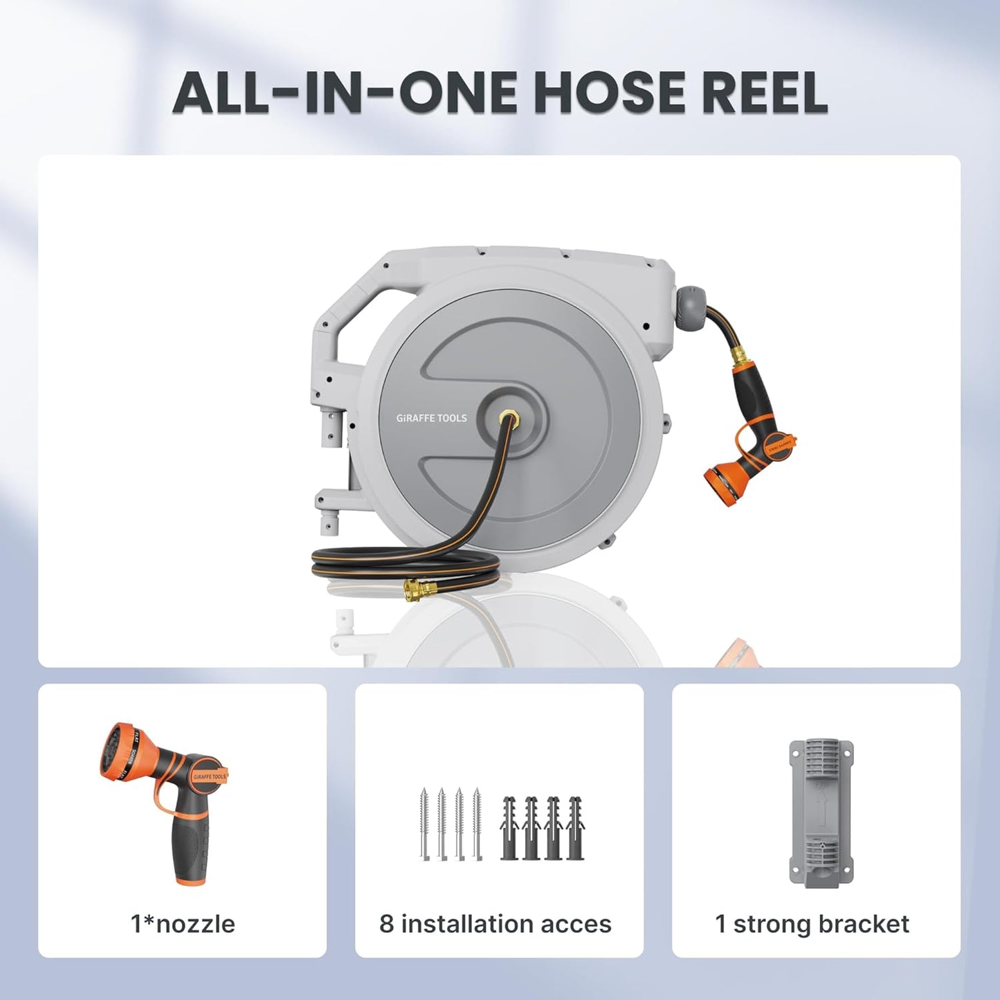 Giraffe Tools Heavy Duty Retractable Garden Hose Reel 1/2 130 FT, Wall Mounted with 9 Pattern Nozzle & Detachable Leader Hose, 180° Swivel Bracket, Any Length Lock, Commercial Grade (Light Grey)